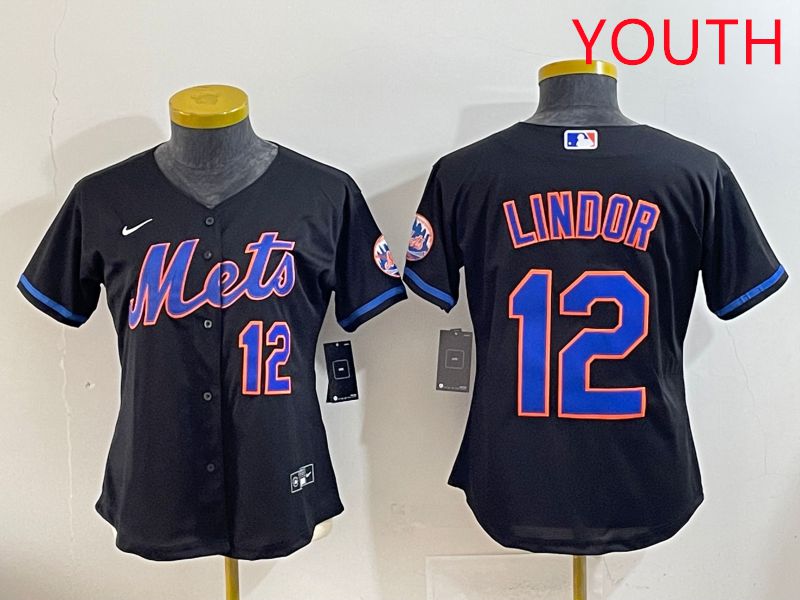 Youth 2025 New York Mets 12 Lindor Black Game Nike MLB Jersey style 1